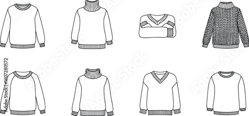 Set of hand drawn sketches of various casual women s sweaters and tops with different necklines and patterns