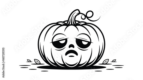 Depiction of a melancholic pumpkin with seeds illustrated in monochrome. Ideal for Halloween, fall themed designs, greeting cards, and seasonal decor.