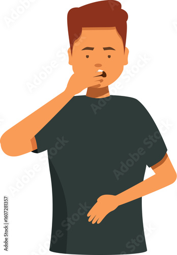 Cartoon character feeling sick, covering mouth with hand, suffering from nausea or vomiting