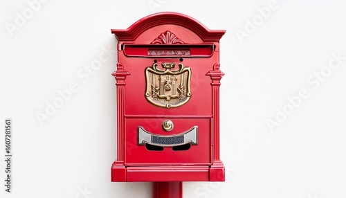 vintage red metal mailbox antique postbox letterbox secure mail delivery box on white background