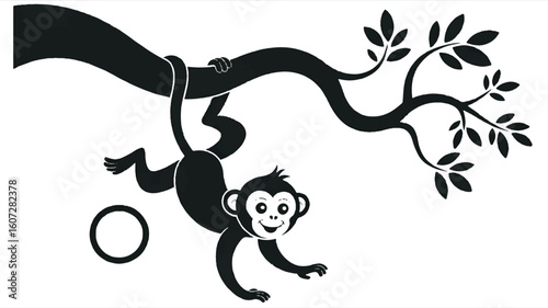 Black and white silhouette of a monkey hanging upside down from a curved tree branch