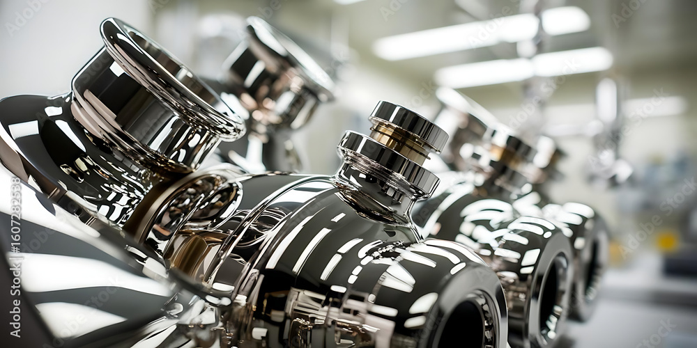 Obraz premium Close-Up of Shiny Metallic Industrial Equipment in Modern Laboratory