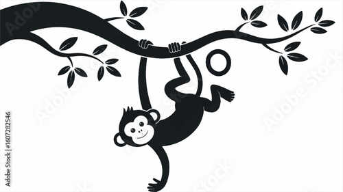 Black and white silhouette of a monkey hanging upside down from a curved tree branch