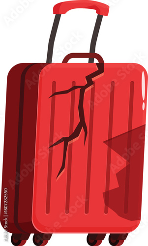 Red broken suitcase representing travel problems, lost luggage, insurance claim, damaged baggage, and travel issues