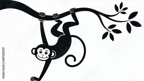 Black and white silhouette of a monkey hanging upside down from a curved tree branch