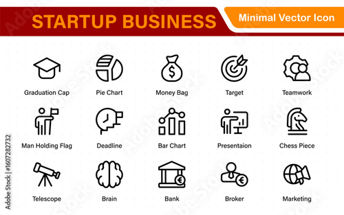 Startup business line icons set. Editable stroke business symbols. Innovation, growth, idea, and strategy icon collection. Thin line vector set for development.