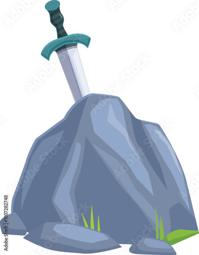 Cartoon illustration of a sword stuck in a stone, isolated on a white background