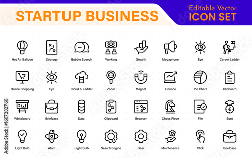 Startup business line icons set. Editable stroke business symbols. Innovation, growth, idea, and strategy icon collection. Thin line vector set for development.