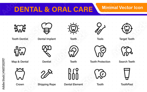 Dental and oral care icon set with tooth, implant, dentist, braces, floss, toothbrush, toothpaste, and mirror icons. Solid medical and healthcare symbol collection.