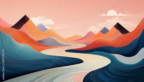 serene abstract landscape with curved river flowing between two stylized mountains beneath a softly colored sky in minimalist design