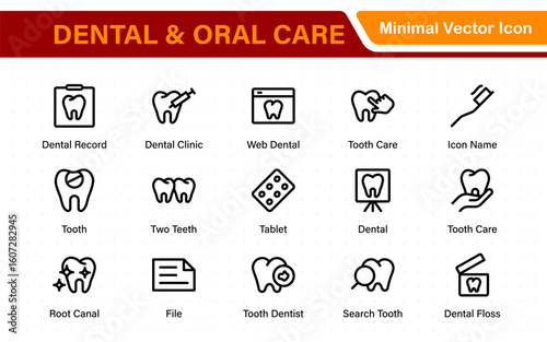 Dental and oral care icon set with tooth, implant, dentist, braces, floss, toothbrush, toothpaste, and mirror icons. Solid medical and healthcare symbol collection.