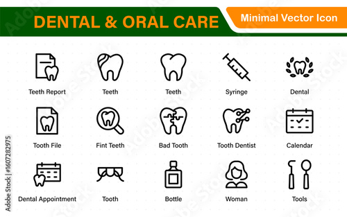 Dental and oral care icon set with tooth, implant, dentist, braces, floss, toothbrush, toothpaste, and mirror icons. Solid medical and healthcare symbol collection.