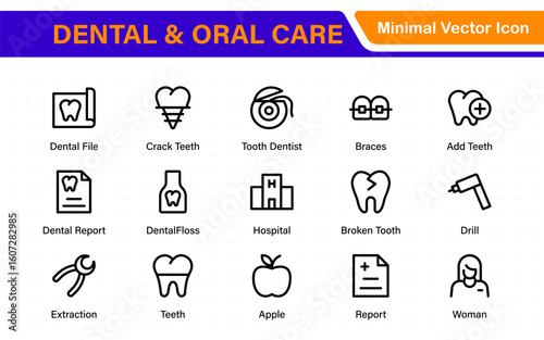 Dental and oral care icon set with tooth, implant, dentist, braces, floss, toothbrush, toothpaste, and mirror icons. Solid medical and healthcare symbol collection.