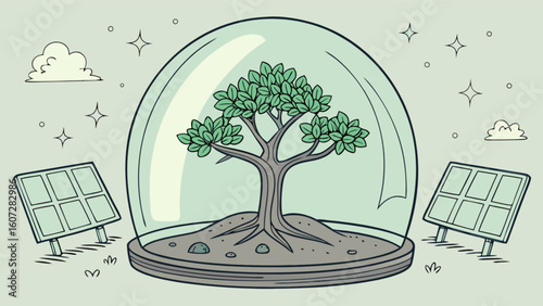 A tree inside a glass dome with solar panels clouds and stars in a light green background illustration