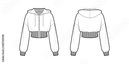 Cropped Hoodie Women Zip Up Long Sleeve Sweatshirt Hooded Workout Jacket- Front and Back View- CAD Mock-Up