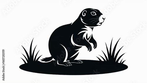 Black and white silhouette illustration of a prairie dog standing alert in its natural habitat