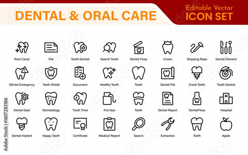 Dental and oral care icon set with tooth, implant, dentist, braces, floss, toothbrush, toothpaste, and mirror icons. Solid medical and healthcare symbol collection.