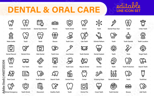 Dental and oral care icon set with tooth, implant, dentist, braces, floss, toothbrush, toothpaste, and mirror icons. Solid medical and healthcare symbol collection.