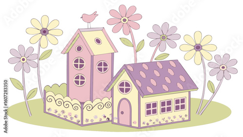 Illustration of two whimsical houses with flowers and a bird on top of the birdhouse near a fence
