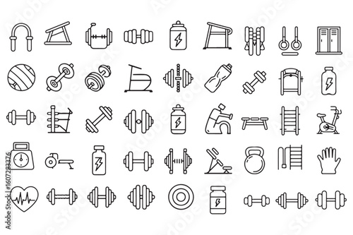 Diverse Collection of Fitness Icons Gym Equipment Weights and Accessories Promoting Healthy Lifestyle and Exercise