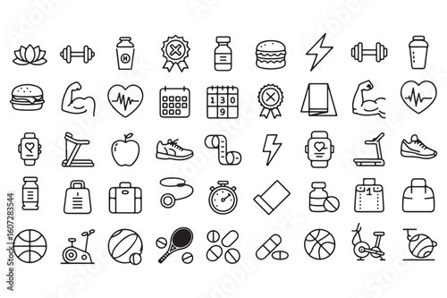 Fitness and Wellness Icons Diverse Collection Promoting Healthy Lifestyle Choices and Exercise with Nutrition and Relaxation Symbols
