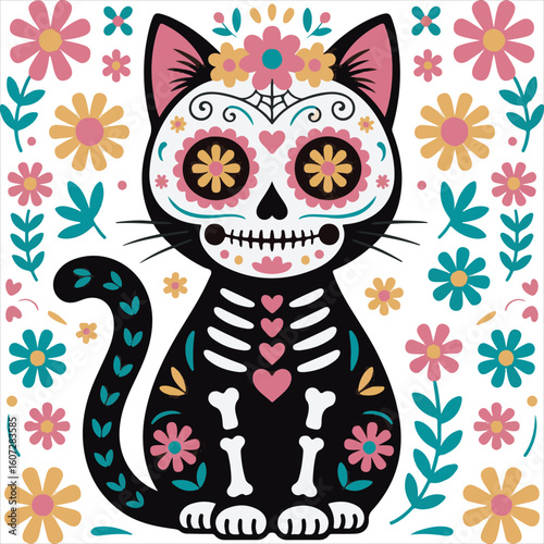 Day of the Dead Cat Illustration in Sugar Skull Style,Colorful Mexican Cat Art with Floral Decorations,Sugar Skull Black Cat Vector for Day of the Dead,Decorative Cat in Mexican Folk Art Style