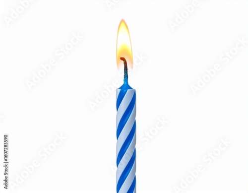 Blue and white spiral birthday candle with flame, upright position, isolated on white background

