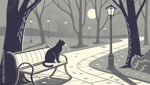 A black cat sitting on a park bench at night under the moonlight with street lamps and trees around it