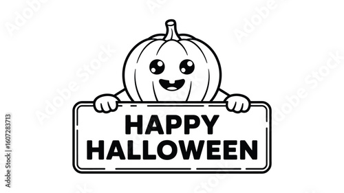 Cute pumpkin with happy Halloween sign suitable for Halloween marketing, social media posts, greeting cards, and festive decorations.