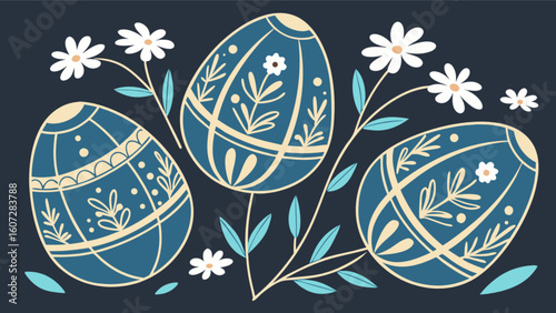 Three easter eggs decorated with floral patterns and white flowers on a dark background design art