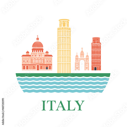 Colorful vector of Italy landmarks including Pisa Tower and Vatican with waves symbolizing the sea