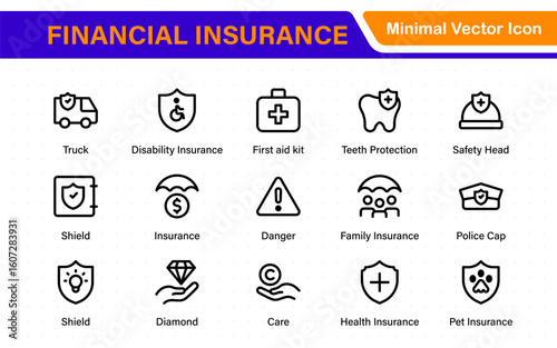 Financial insurance icon collection – thin line editable stroke set. Essential symbols for Car, Life, Medical, Property, Travel, and Financial insurance. Clean, modern design.