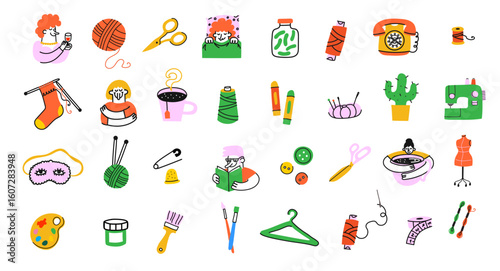 Cute colorful doodle icons related to crafting, knitting, sewing, and cozy lifestyle. Hand-drawn style vector illustration with creative objects, people, and hobbies