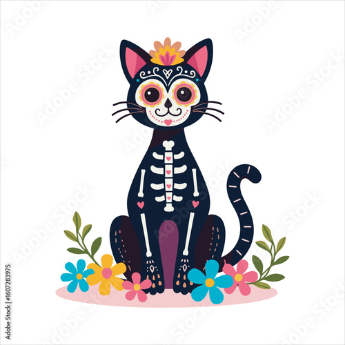 Day of the Dead Cat Illustration in Sugar Skull Style,Colorful Mexican Cat Art with Floral Decorations,Sugar Skull Black Cat Vector for Day of the Dead,Decorative Cat in Mexican Folk Art Style