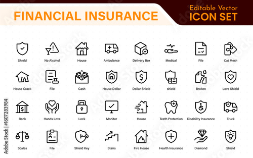 Financial insurance icon collection – thin line editable stroke set. Essential symbols for Car, Life, Medical, Property, Travel, and Financial insurance. Clean, modern design.