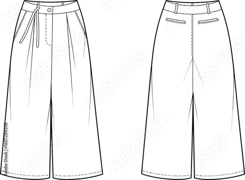 CAD drawing flat vector illustration of wide leg culottes pants with front pleats, drawstring waist, back welt pockets, fashion design