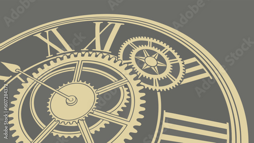 Illustration of a clock face with roman numerals and visible gears in a vintage style design aesthetic
