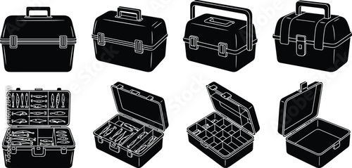 Set of eight black protective fishing equipment cases and containers in various open and closed positions
