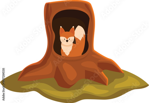 Red fox relaxing in its den inside a hollow tree stump in a tranquil forest setting