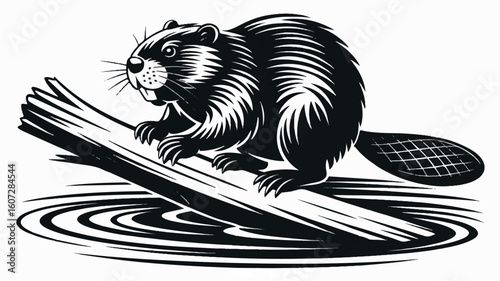 Black and white woodcut style illustration of a beaver diligently working on a tree branch