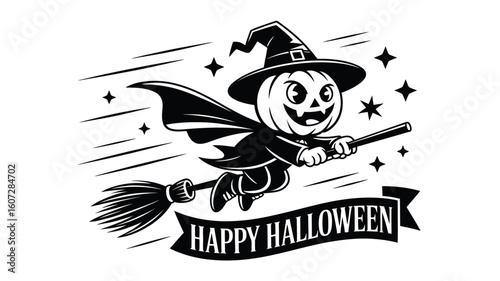 Pumpkin witch on broom, Happy Halloween banner. Ideal for festive Halloween designs, party invitations, social media posts, and seasonal greeting cards.