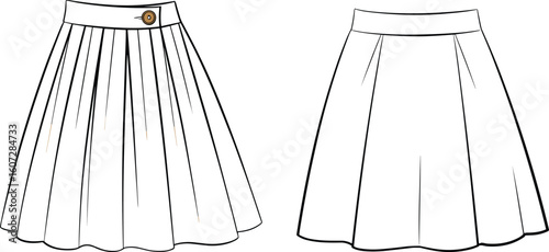 Vector CAD drawing illustration of a pleated wrap skirt with button closure and flared silhouette, front and back view fashion design