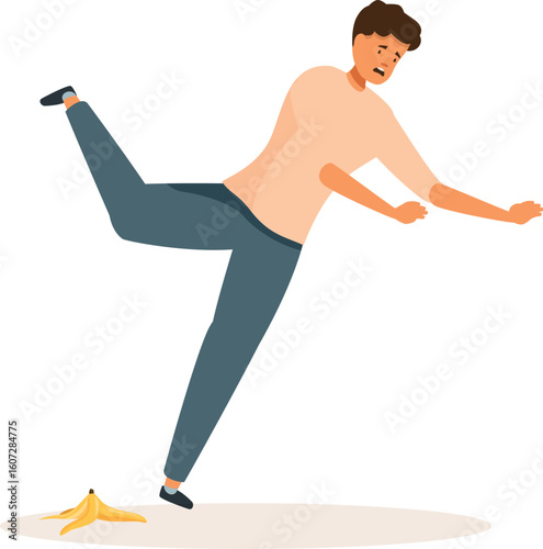 Young man losing balance and falling after stepping on banana peel, illustrating a common accident