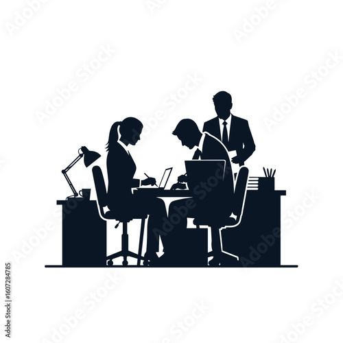 Three business people collaborating at a desk in a modern office  