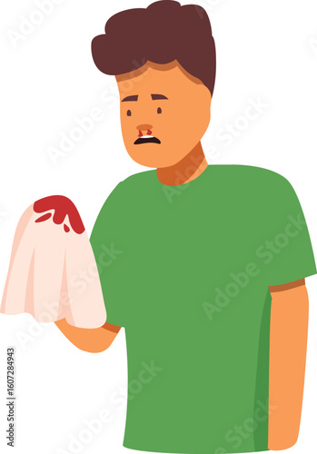 Young man suffering from nosebleed holding tissue soaked with blood