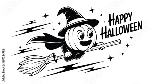Black and white Halloween pumpkin witch flying on broom, suitable for spooky party invitations, social media posts, and seasonal designs.