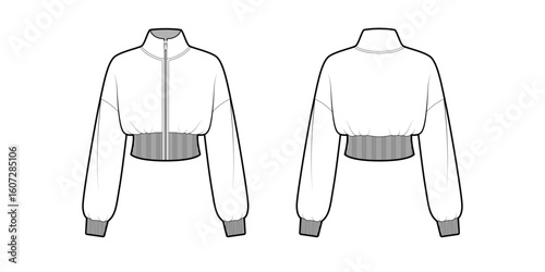 Bomber Jacket Cropped Front Zip Up Elastic Cuffs and Hem- Front and Back View- Fashion Vector Illustration- Vector Template- CAD Mock-up