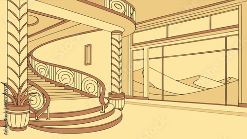 Illustration of a grand staircase with decorative railing and large window overlooking desert dunescape
