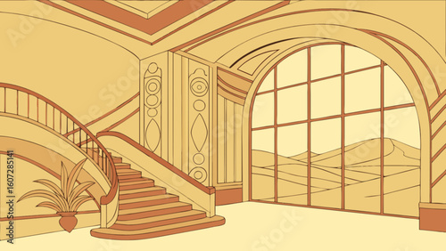 Illustration of an art deco style interior with a staircase and large arched window showing dunes