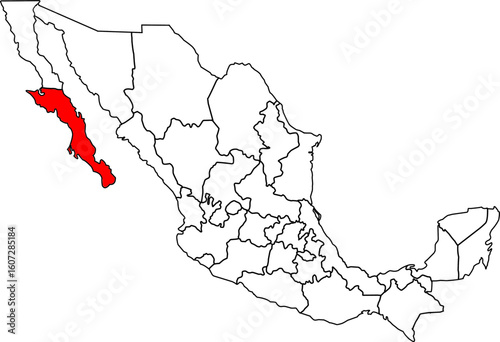 Map of Mexico with Baja California Sur State highlighted, ideal for geographic, coastal tourism, and desert landscape projects.

